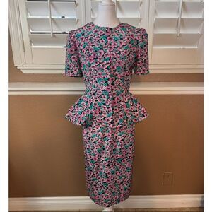 Vintage David Mitchell Size M 2PC Peplum Dress Purple Floral Retro Mod Ruffle
